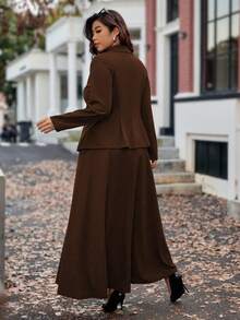 Vionelle Bộ 2 món áo dài tay phong cách Pháp thường ngày cho nữ cỡ lớn và chân váy midi, mùa thu/đông - màu nâu - Xem 2