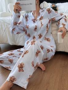 女士休闲可爱小熊印花长袖上衣和裤子睡衣套装，秋冬服装 - 彩色 - 查看 4