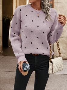 SHEIN LUNE Suéter feminino casual solto com estampa de bolinhas, gola redonda, ombros caídos, manga comprida, outono/inverno - Roxa - Ver 6