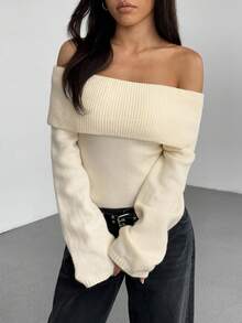 SHEIN Unity 1 件女士休闲纯色露肩长袖毛衣 - 杏色 - 查看 3