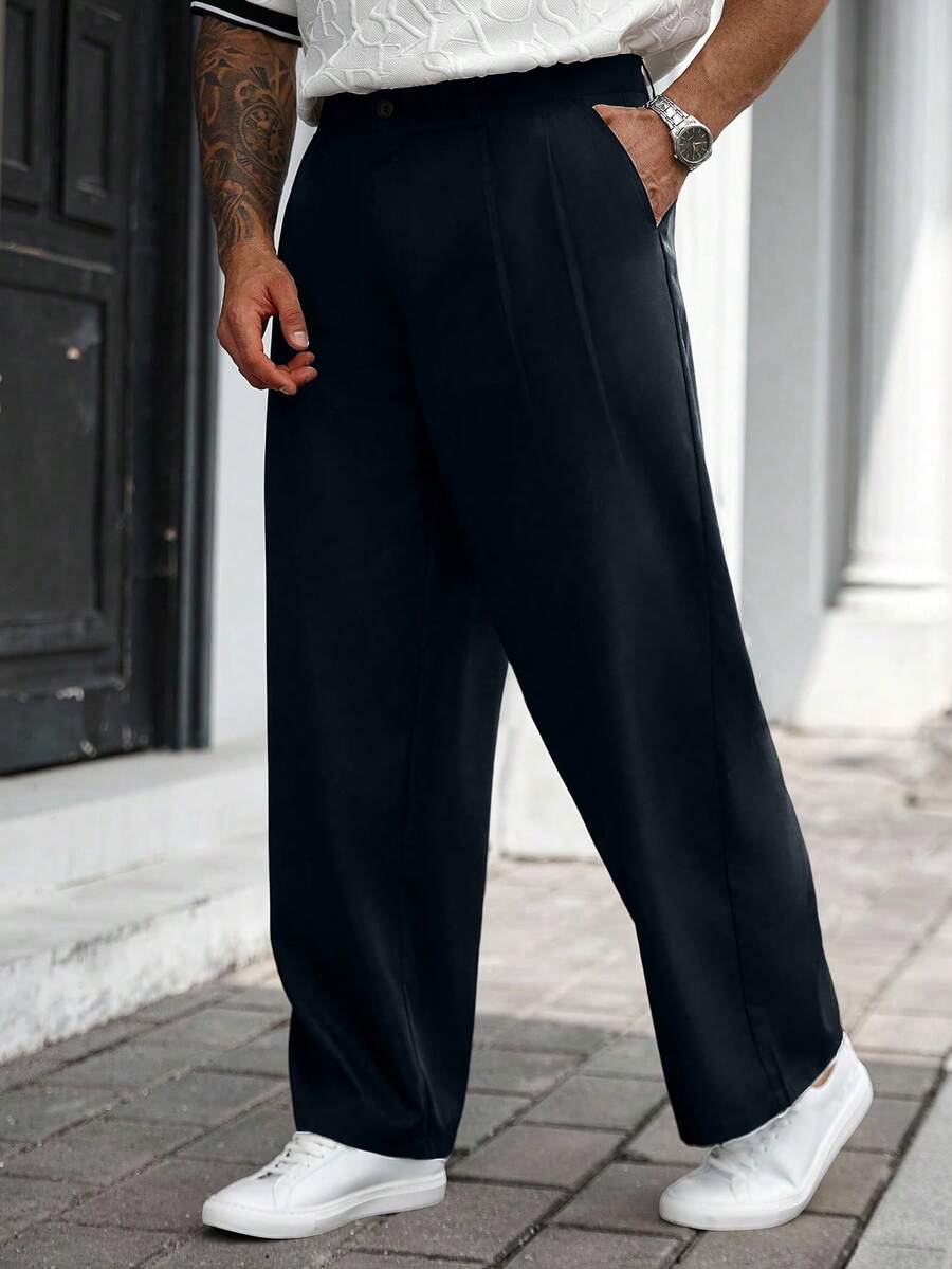 Manfinity CasualCool Plus Size Men's Solid Color Pleated Pocket Loose Casual Pants - Blue - View 1