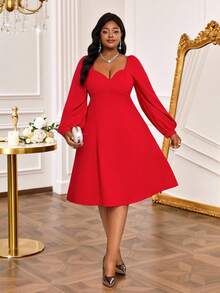 SHEIN Lady Váy chữ A tay đèn lồng đỏ dệt kim cỡ lớn mùa thu đông cổ tròn ôm eo dáng ôm dáng cỡ lớn - Đỏ - Xem 6