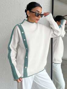 EURMUSE Casual Color Block Stand Collar Sweater, Autumn/Winter - Mint Green - View 3