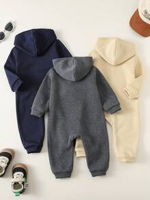 SHEIN 3pcs Baby Boy/Girl Grey Brushed Thick Knit Loose Hooded Long Sleeve Jumpsuit & Pants Set, Soft & Versatile For Indoor & Outdoor, Autumn/Winter Baby Boy Winter Jumpsuit Dinosaur Print Baby Jumpsuit - Multicolor - View 4