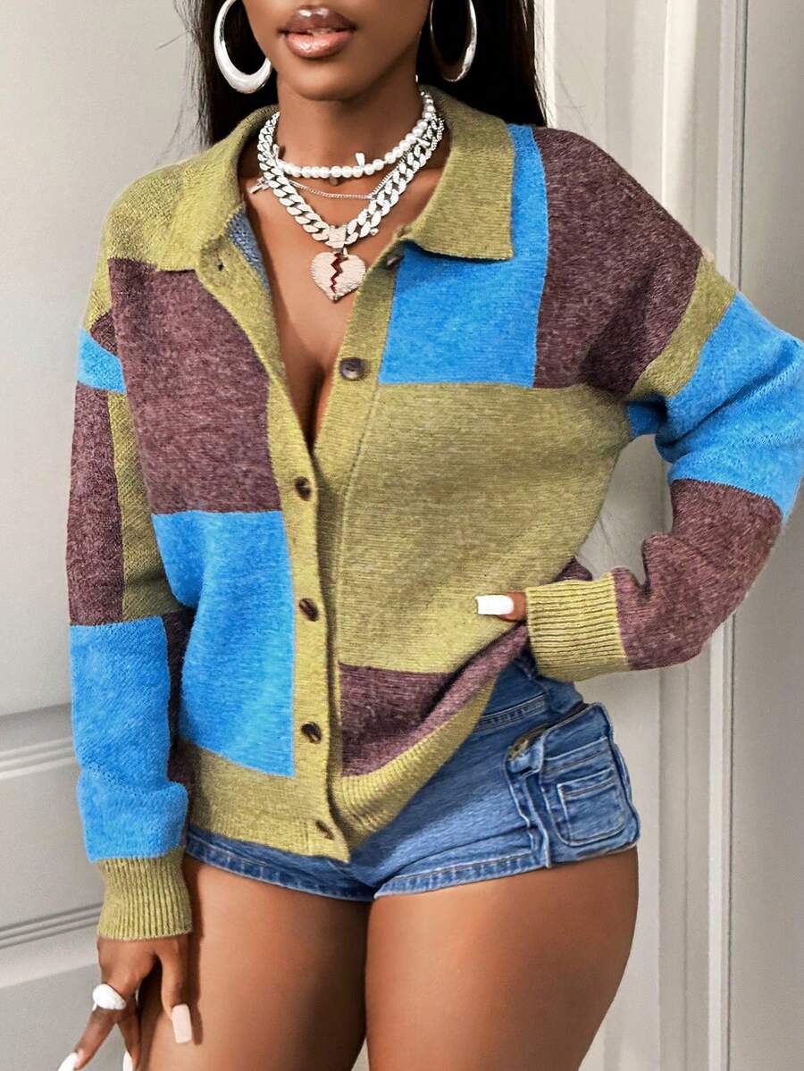 SHEIN BamGlam Áo len cardigan nữ dệt kim dài tay cổ polo nút xanh lá cây xanh lam nâu vuông rộng rãi du lịch thường ngày tiệc tùng quần áo nữ phong cách xuân thu mùa hè đông thu - Nhiều màu - Xem 1