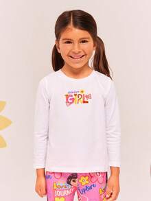 DORA | SHEIN Young Girl Casual Loose Fit Cartoon Graphic Round Neck Long Sleeve White T-Shirt - White - View 2