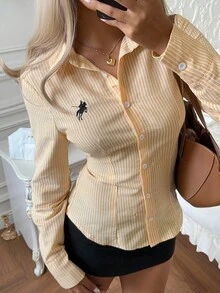 CovetEZ 黄色条纹刺绣细节休闲女式衬衫 - 粉色 - 查看 6