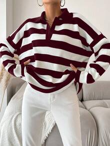 EURMUSE Plus Size White Pattern Drop Shoulder Polo Neck Drop Shoulder Sweater Back-To-School Formal Graduation Autumn Casual - Burgundy - View 1