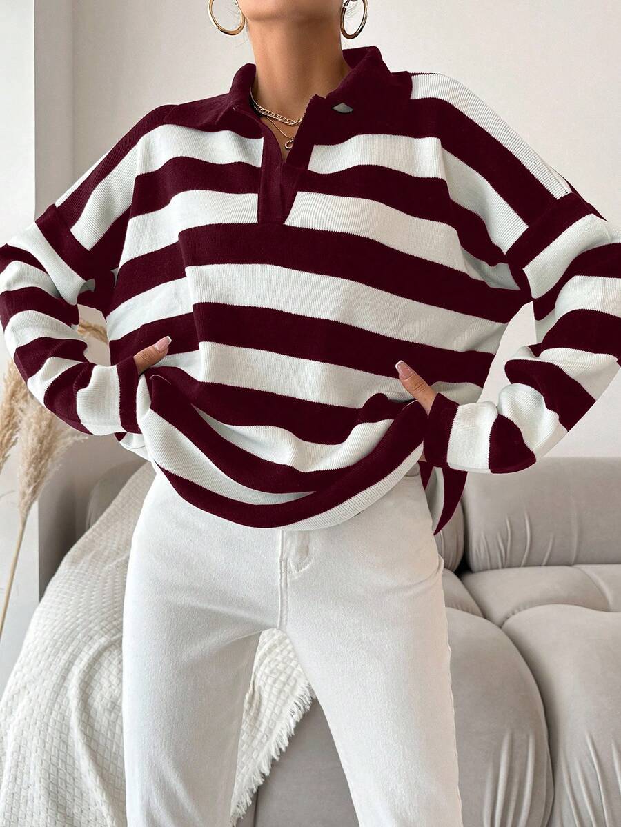 EURMUSE Plus Size White Pattern Drop Shoulder Polo Neck Drop Shoulder Sweater Back-To-School Formal Graduation Autumn Casual - Burgundy - View 1