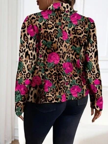 Reflora Plus Size Women Leopard & Floral Pattern Blazer, Stylish Casual Wear Autumn And Winter Leopard Print Fall - Multicolor - View 2