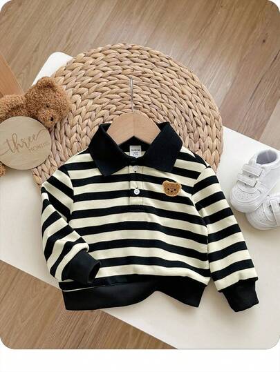 Autumn/Winter Casual Cute Striped Patchwork Long Sleeve Polo Collar Sweatshirt, Suitable For Kindergarten, Baby Boy & Baby Girl Fall