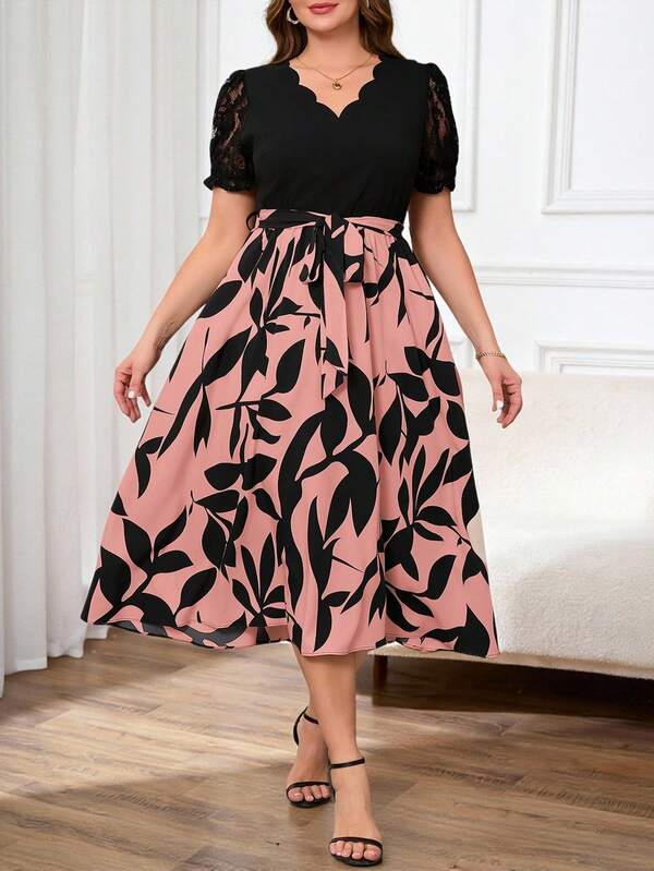 Reflora Vestido casual de talla grande con estampado de plantas y adorno de encaje de contraste