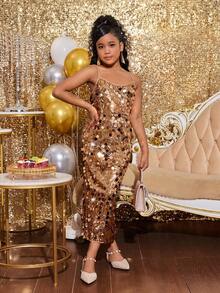 Vestido de tirantes con aplicaciones de lentejuelas para niña preadolescente, adecuado para fiestas de Navidad - Albaricoque - Ver 1