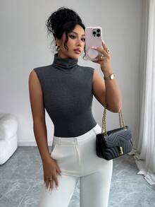 SHEIN Raffinéa Women's Elegant Fashion Minimalist Versatile Fitted Lapel Collar Cotton Tank Top, Spring/Autumn