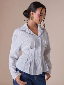 COSMINA 女式条纹印花前扣长袖衬衫 - 黑與白 - 查看 5