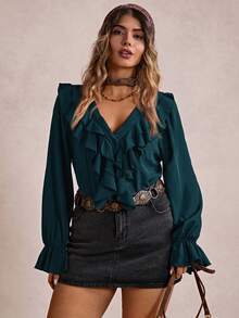 Blusa de manga larga con volantes y diseño de resort de unicolor para mujer de talla grande - Verde Oscuro - Ver 4