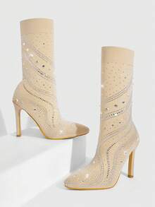 CUCCOO SZL Women's Pointed Toe High Heel Elastic Rhinestone Socks Boots - Apricot - View 2