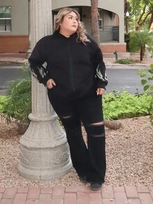 Enliva Melanieangelese Plus Size Black Flared Distressed Stretch Jeans Street Wear, Fall Women Clothes, For Apple Rounded Body Shape - Black - View 4