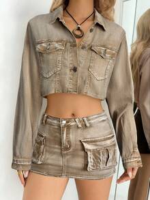 Aloruh Flap Pocket Raw Hem Crop Denim Jacket, Vintage, Fall Women Clothes, Streetwear - Khaki - View 5