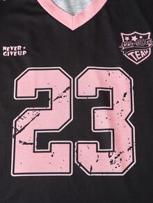 Sparklyn 2pcs Set Teen Girls Pink Bow & Letter V-Neck Black Loose T-Shirt With Pink V-Shaped Pleat Mini Skirt, Sweet And - Multicolor - View 3