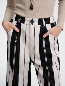 SHEIN LUNE Women's Elegant, Fashionable, Comfortable, Charming Vintage Minimalist Striped Straight Loose Casual Pants - Black - View 4