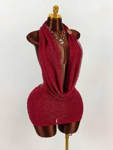 Amplova 女式时尚性感低胸露背迷你连衣裙 - 酒紅色 - 查看 6