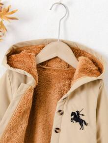 年轻女孩卡其色学院风保暖内衬连帽刺绣夹克，时尚休闲外套，适合学校、返校季 - 卡其色 - 查看 3