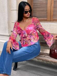 Hourglow Ceceforeign_ Plus Size Women's Fall Vacation/Back To School Clothes, Tie-Dye Floral Print Babydoll Blouse With Bow Tie Neck Long Sleeve Shirt, For Hourglass Body Shape