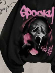 SHEIN 万圣节幽灵印花休闲宽松舒适长袖卫衣，适合青少年女孩，秋冬季 - 彩色 - 查看 3