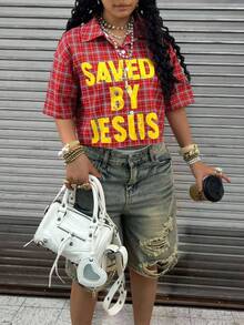 Rovax Plus Size Women Plaid Slogan Print Cropped Drop Shoulder Short Sleeve Shirt - Red - View 3