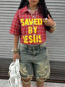 Rovax Plus Size Women Plaid Slogan Print Cropped Drop Shoulder Short Sleeve Shirt - Red - View 5