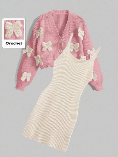 Kawaii Women's Autumn/Winter Bow Decor Long Sleeve Knitted Cardigan And Knitted Slip Dress 2 Pieces Set