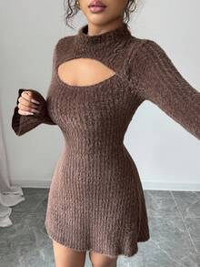 Modelyn 女士优雅镂空腰部喇叭袖棕色针织迷你连衣裙 - 棕色 - 查看 5