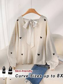 SHEIN CURVE+ Áo len hở lưng cổ chữ V họa tiết trái tim cỡ lớn cho nữ - Màu be - Xem 1