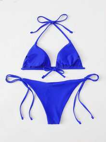 Swim Basics Summer Beach Solid Bikini Set Triangle Bra & Thong Bottom 2 Piece Bathing Suit - Royal Blue - View 2