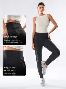 GLOWMODE FeatherFit™-温暖舒适常规版型慢跑裤，后背带拉链口袋，日常休闲，秋冬 - 黑色 - 查看 3