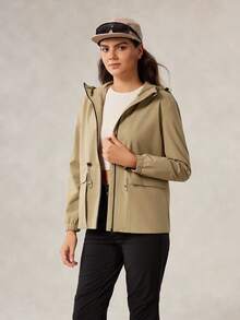 OutZeal Women Outdoor Jacket Hiking Camping Water-Resistant Windproof Drawstring Waist Zip Pocket Hooded Outdoor Top Spring Fall - Khaki - View 9