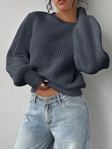 SHEIN BASICS Women's Casual Solid Color Sweater, Autumn/Winter,Cozy Fall And Winter Clothes For Women,Fall,Fall Clothes For Women - Dark Grey - View 4