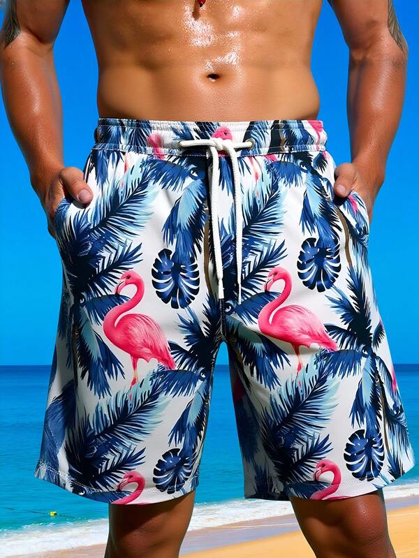 Manfinity VDAYZ Pantalones cortos de playa casuales de moda con estampado de plantas tropicales y cordón en la cintura para hombres