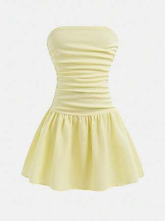 SHEIN Girlism 青少年女孩休闲简约舒适褶皱无袖泡泡袖连衣裙