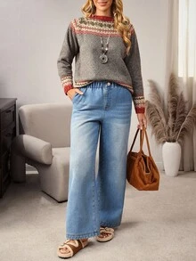 EMERY ROSE Women's Elastic Waist Pockets Wide Leg Loose Casual Jeans - Blue - View 4