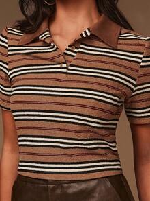 Athîral Blusa de rayas marrón, estilo retro de cuello polo y silueta delgada, estilo universitario, para el look de Año Nuevo de la mujer - Multicolor - Ver 1