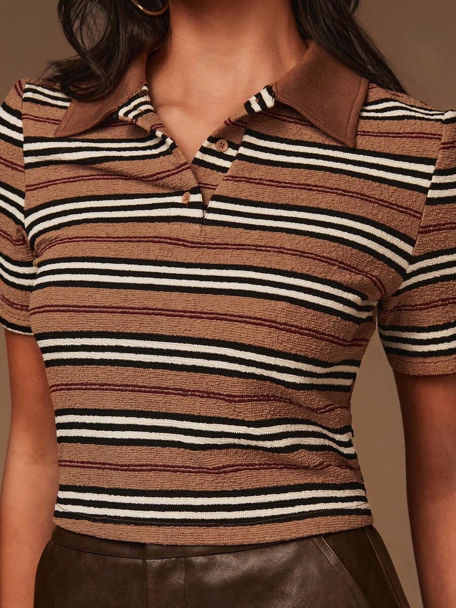 Athîral Blusa de rayas marrón, estilo retro de cuello polo y silueta delgada, estilo universitario, para el look de Año Nuevo de la mujer - Multicolor - Ver 1
