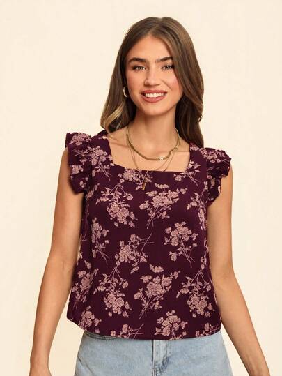 Coeurva 女士夏季度假花卉印花短袖方领衬衫