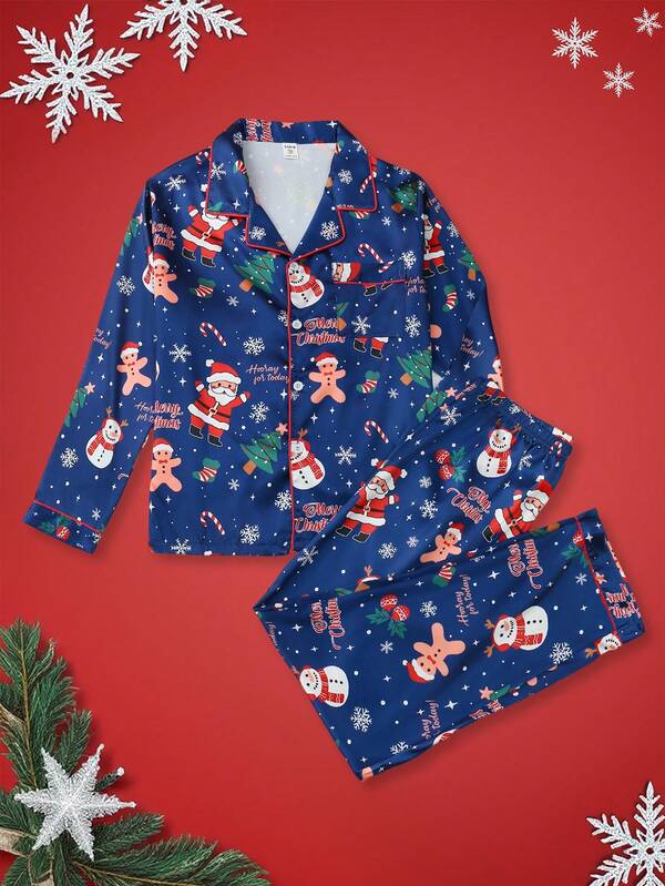 Conjunto de pijama de pantalón y camisa de manga larga con botones con estampado de Papá Noel para adolescentes