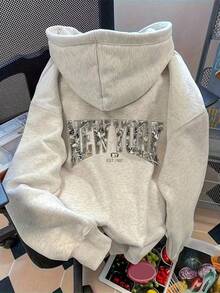 Flirla Plus Size Women's Slogan Letter 'NYC ALL GIRLS TEAM SPORTS CLUB' City Name Graphic Print Thermal Drawstring Hoodie