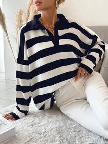 EURMUSE Plus Size Striped Pattern Drop Shoulder Polo Neck Drop Shoulder Sweater - Navy Blue - View 3