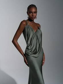 Elitara 优雅时尚的不对称领口褶皱鱼尾裙摆连衣裙，手工褶皱领口，飘逸鱼尾裙摆，适合正式场合、晚宴、商务活动、舞会、派对和节日等场合。 - 綠色 - 查看 2