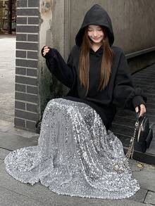 DAZY 女士休闲时尚街头宽松落肩连帽亮片下摆中长卫衣连衣裙，春秋季闪亮连衣裙 - 黑色 - 查看 7