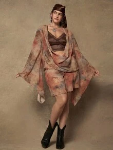 Freevana 大码波西米亚复古休闲扎染印花V领长袖雪纺女式连衣裙 - 鏽棕色 - 查看 5